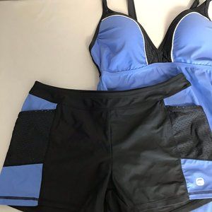 Two Piece Tankini Swimsuit Blue Grey Gray